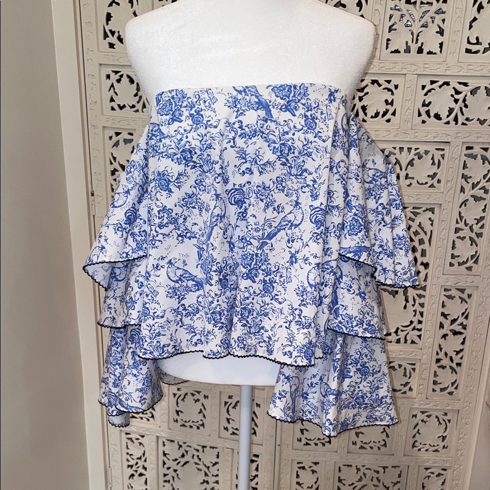 Caroline Constas Blue & White Floral Tiered Hi-Low Skirt and top